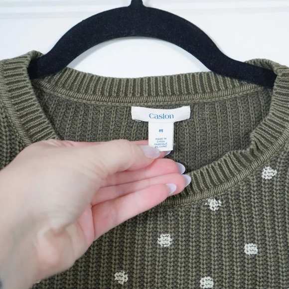 Caslon Olive‎ Green and Ivory Polka dot Sweater Womens Size Medium Long Sleeves - Picture 2 of 5